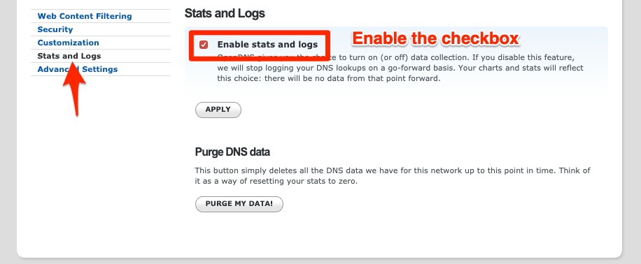 Capture du tableau de bord OpenDNS montrant l'option pour activer les statistiques et les logs
