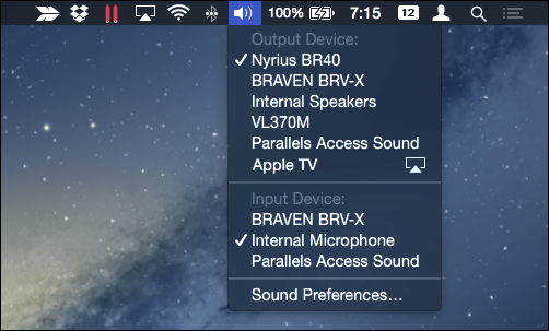 Скриншот меню громкости с показом входных и выходных устройств при зажатой клавише Option