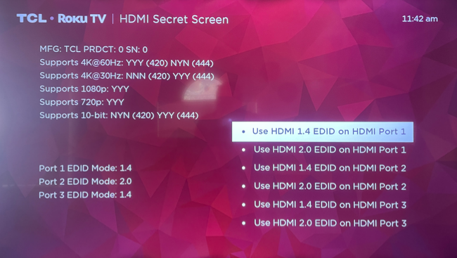 Экран настроек HDMI на Roku