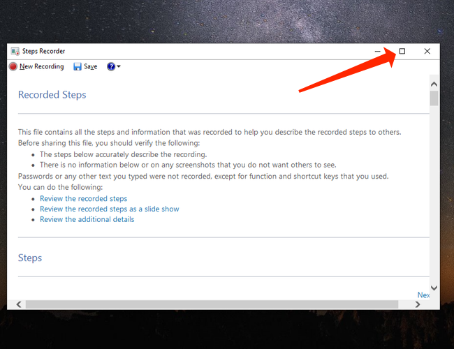 Кнопка развёртывания окна Steps Recorder рядом с закрытием