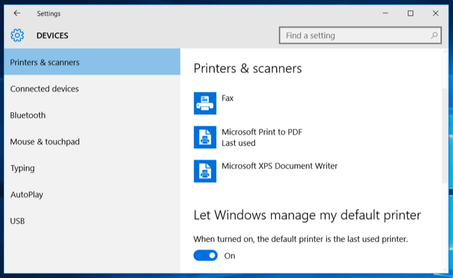 Настройки принтеров и сканеров в Windows с опцией управления по умолчанию
