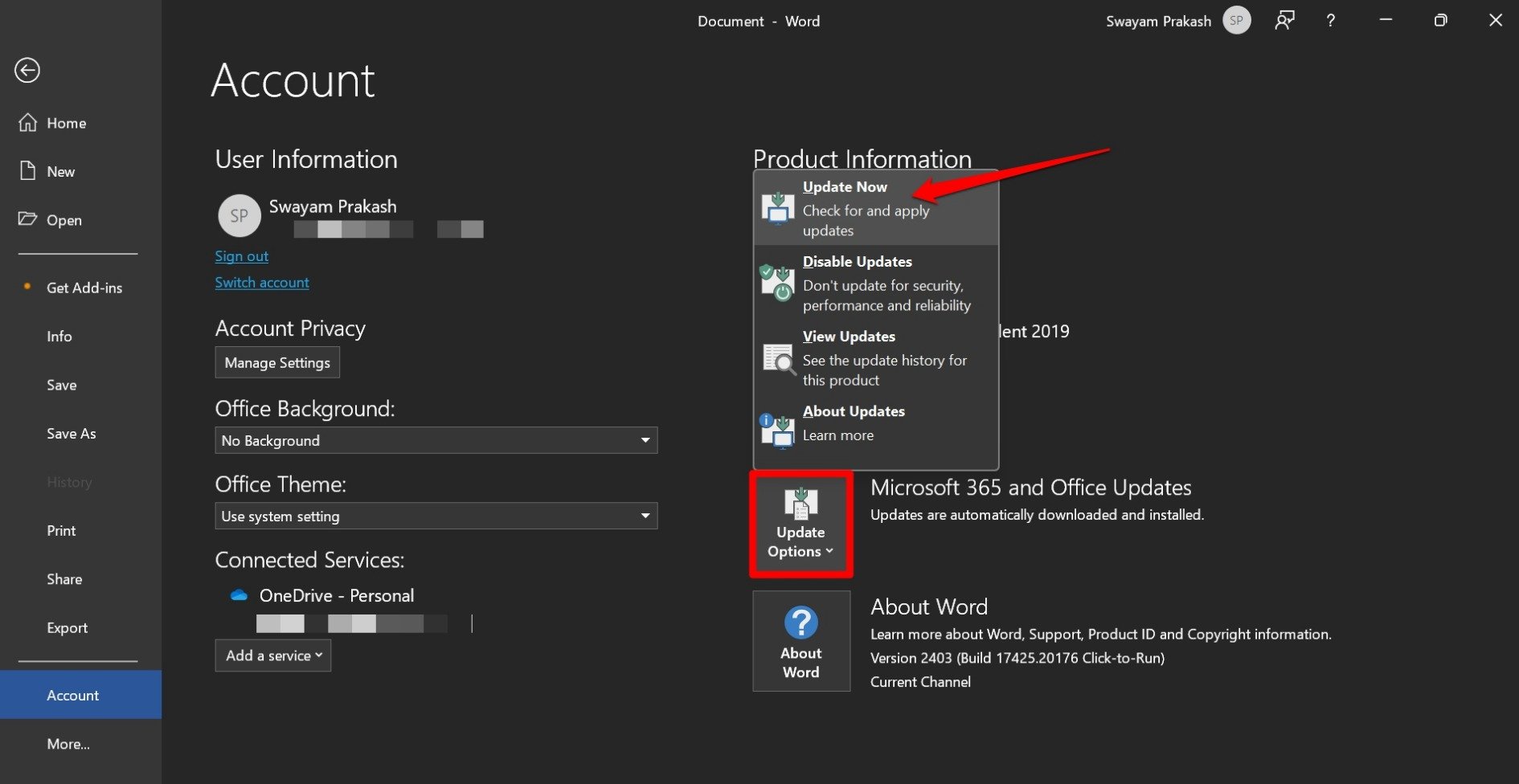 Officeを最新バージョンに更新する画面の例