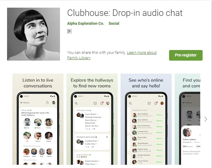Скриншот страницы Clubhouse в Google Play Store