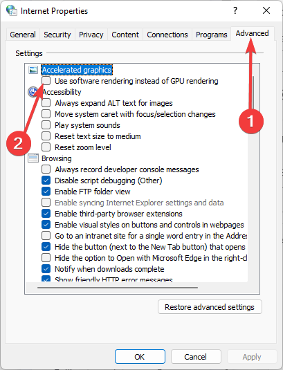 Вкладка Дополнительно в Internet Options с опцией использования программного рендеринга