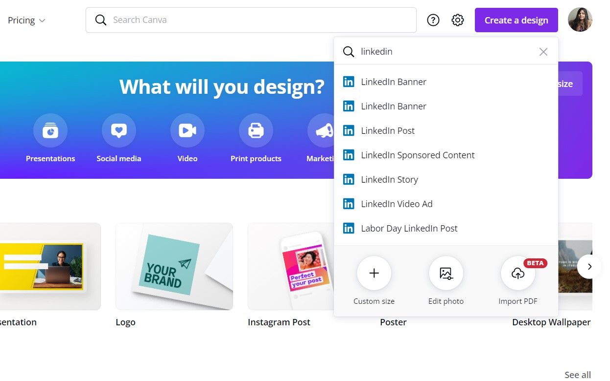 Результаты поиска 'LinkedIn' в Canva