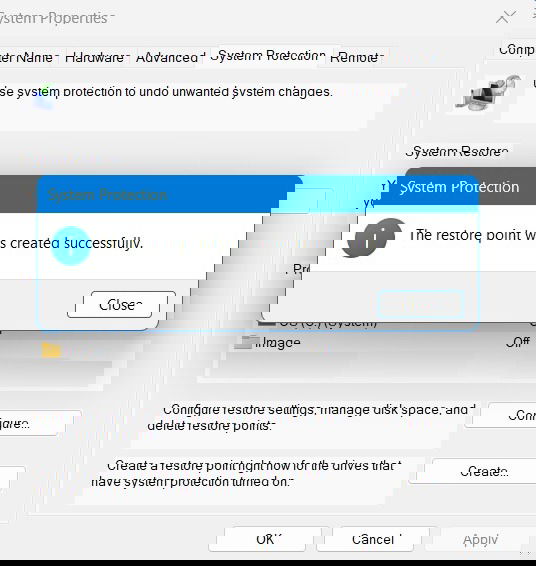 復元ポイントが正常に作成されたことを示す画面