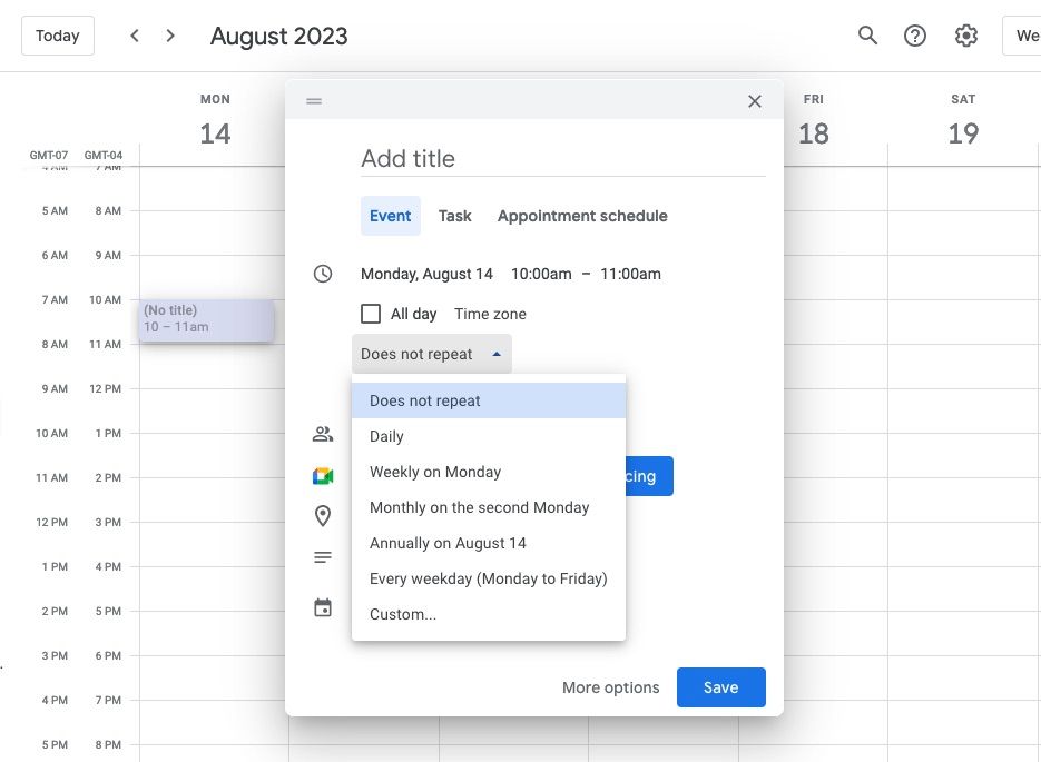 Панель настроек события в Google Календаре