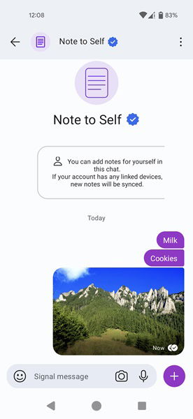 Отправка заметки самому себе в Signal для Android.