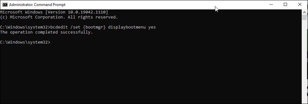 enable boot menu using Command Prompt in Windows 10