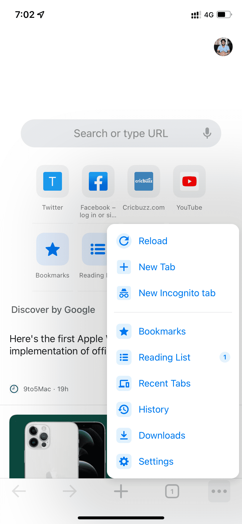 Открыть настройки Chrome на iPhone
