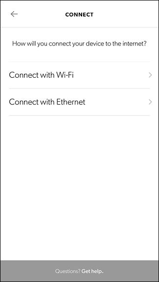Экран выбора Ethernet или Wi-Fi