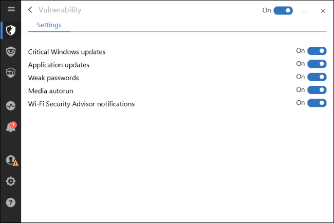 Настройки уведомлений о уязвимостях в Bitdefender