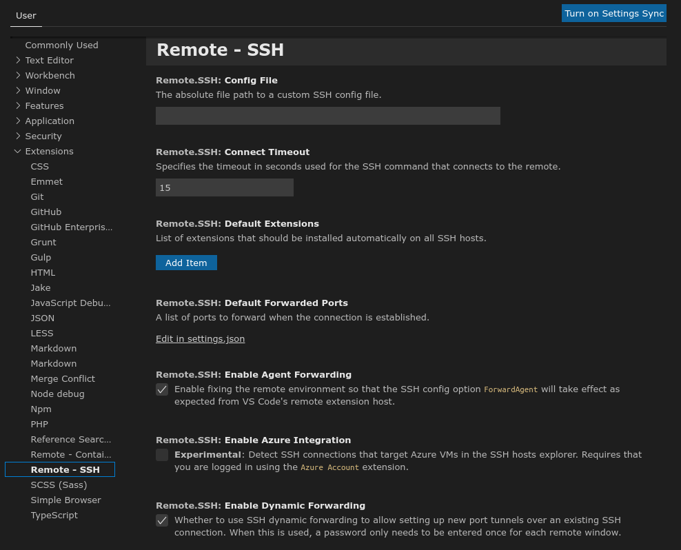 Скриншот настроек расширения Visual Studio Code Remote SSH