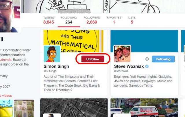 Удаление подписки на пользователя в Twitter