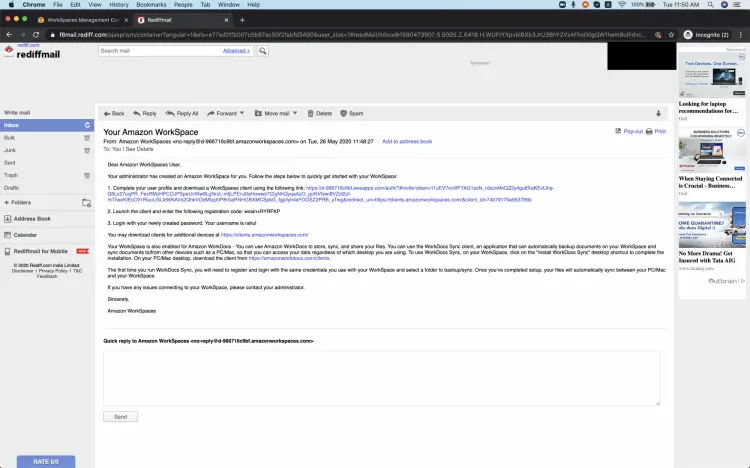 Письмо с данными для входа в WorkSpace