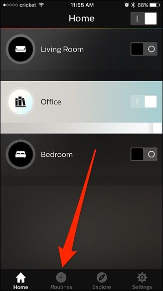 Экран приложения Philips Hue с вкладкой Рутины