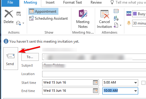 Скриншот: кнопка Отправить для приглашения на встречу