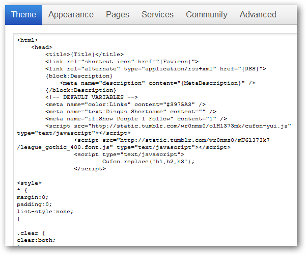 Пример редактора HTML темы Tumblr