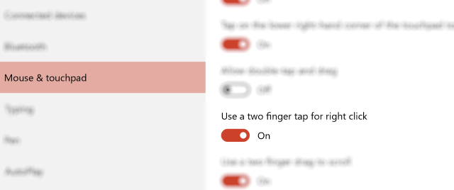 Настройки Windows 10: экран Мышь и сенсорная панель с опцией правого клика двумя пальцами
