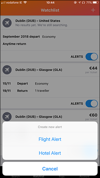 Экран создания оповещения в мобильном приложении Kayak — выбор типа оповещения