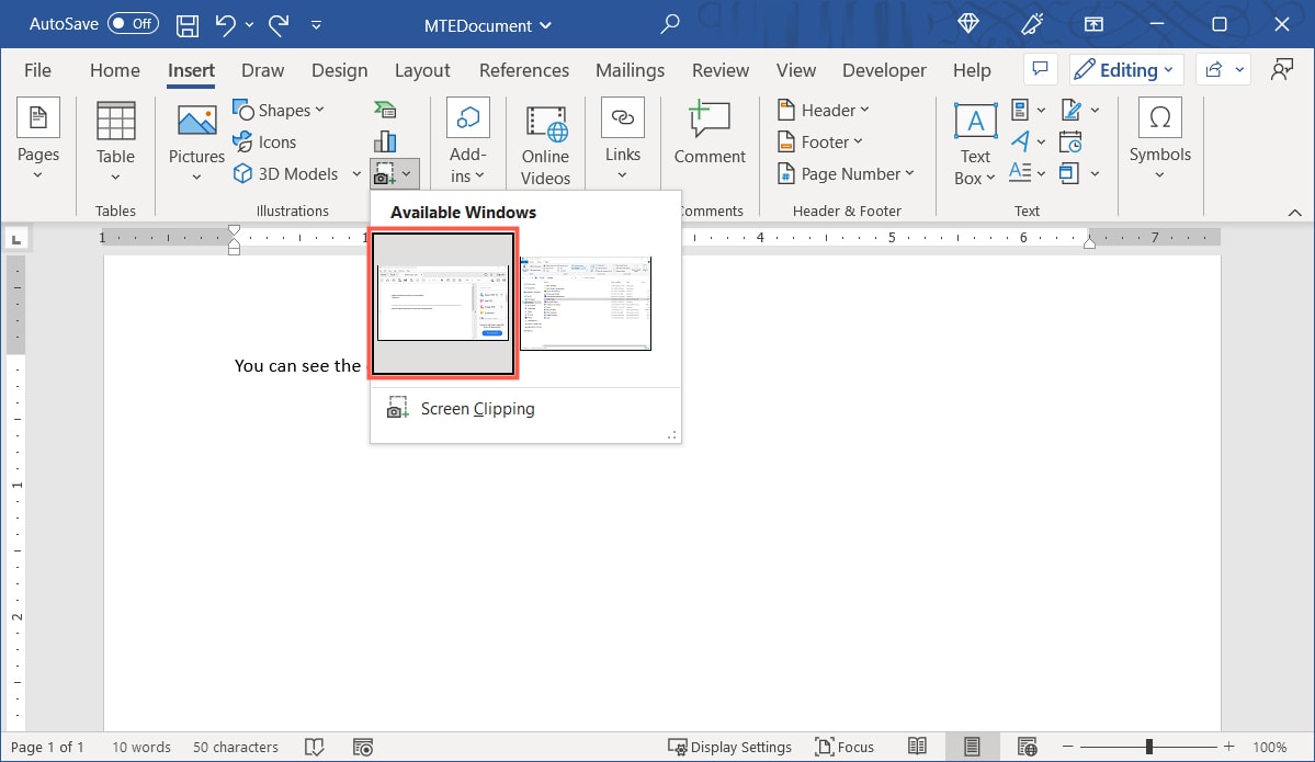 Выбор окна PDF в доступных окнах