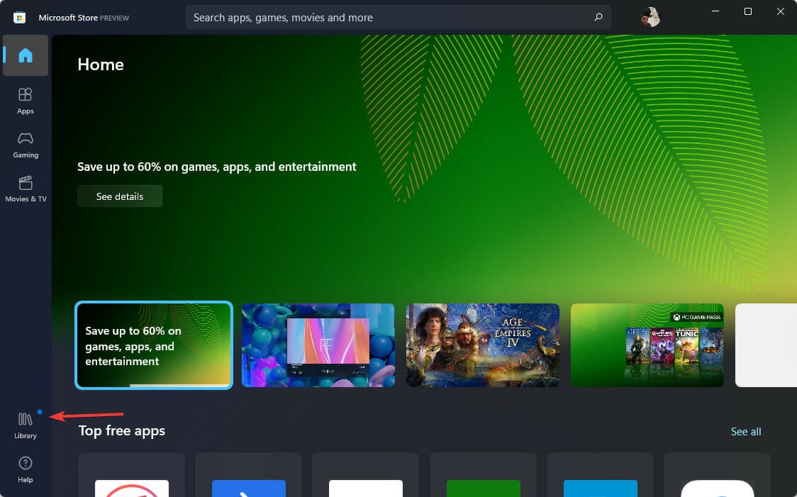 Меню библиотеки в Microsoft Store