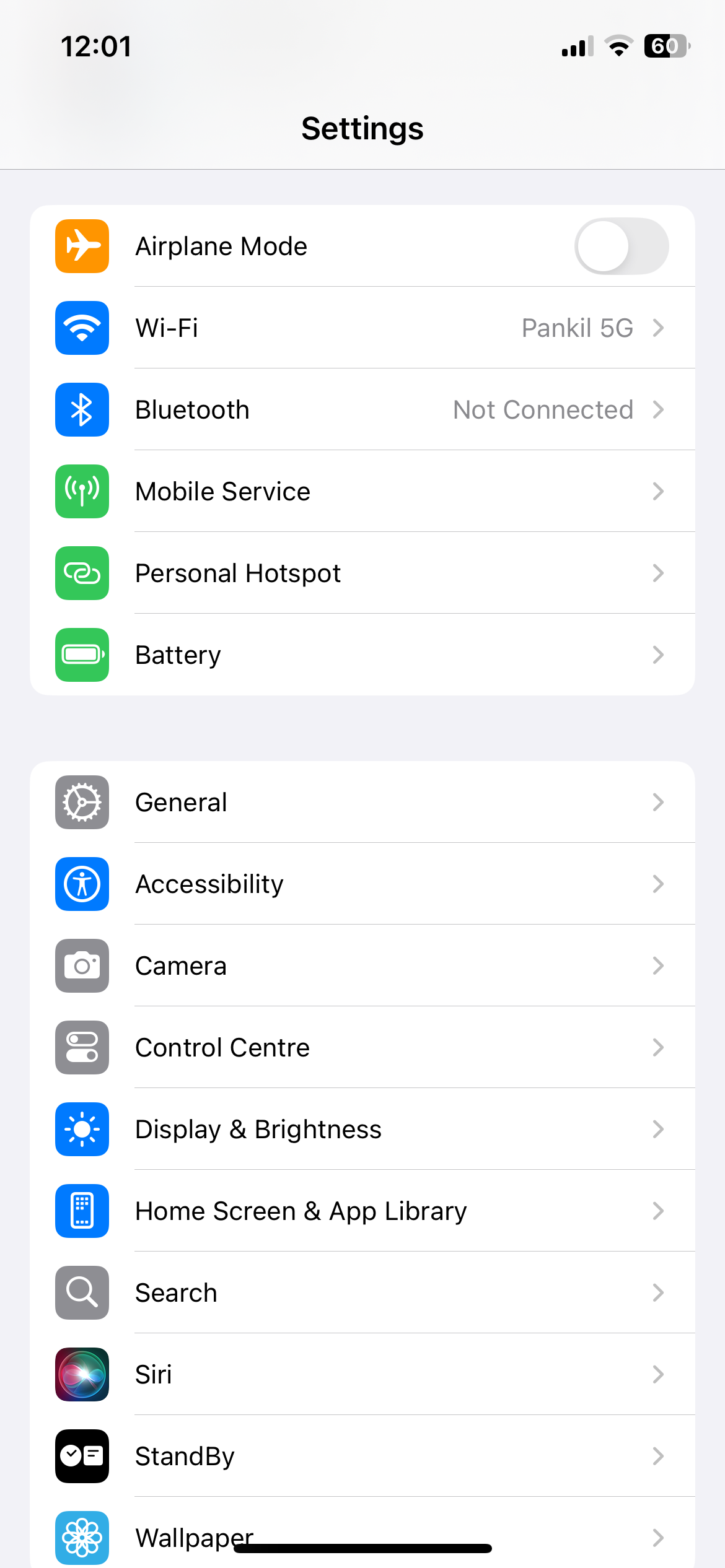 Главное меню настроек iPhone