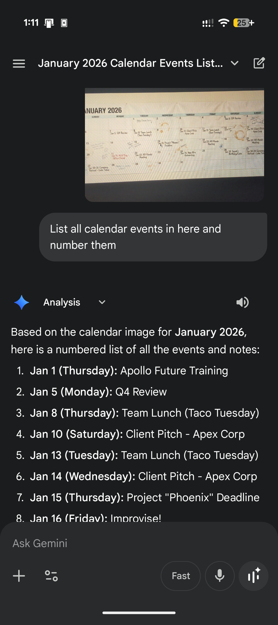 Picking out calendar events from the picture of an actual calendar using Gemini on Android.