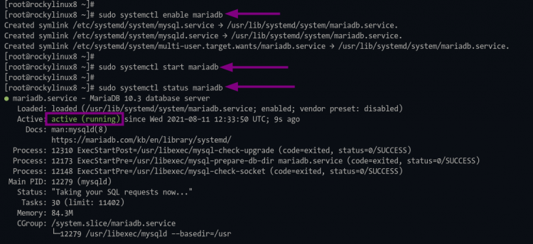 Проверка статуса MariaDB