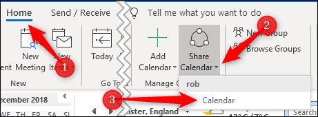 Кнопка Share Calendar в Outlook