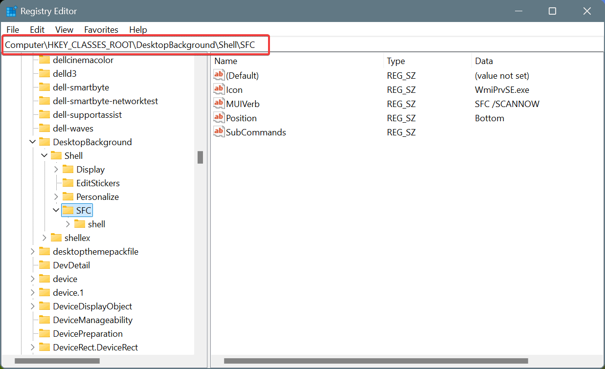 Путь к ключу реестра HKEY_CLASSES_ROOTDesktopBackgroundShellSFC