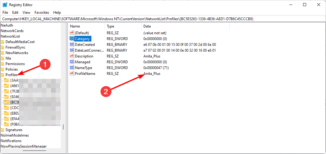 Список профилей сети в реестре Windows