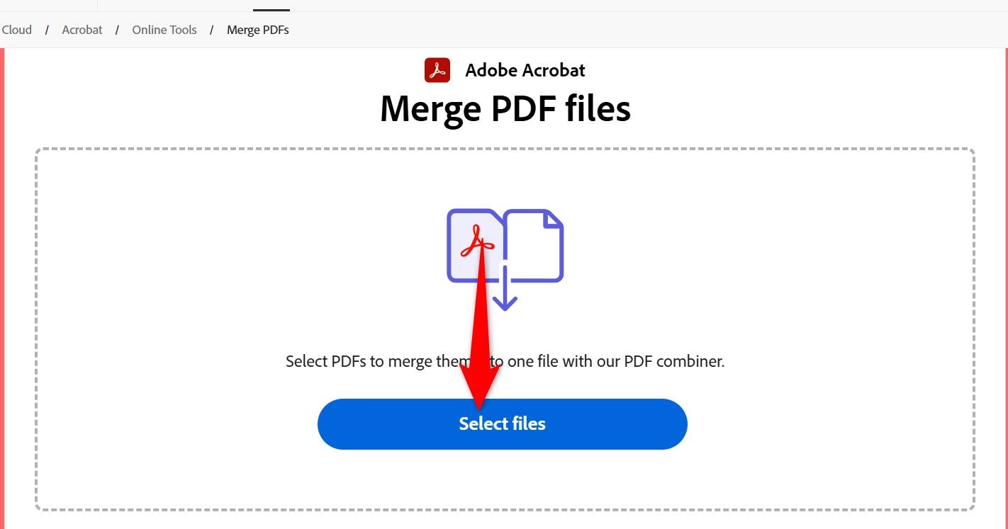 Кнопка Select Files на сайте Adobe Acrobat, показывающая область загрузки файлов.
