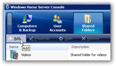 Кнопка добавления новой общей папки в WHS Console
