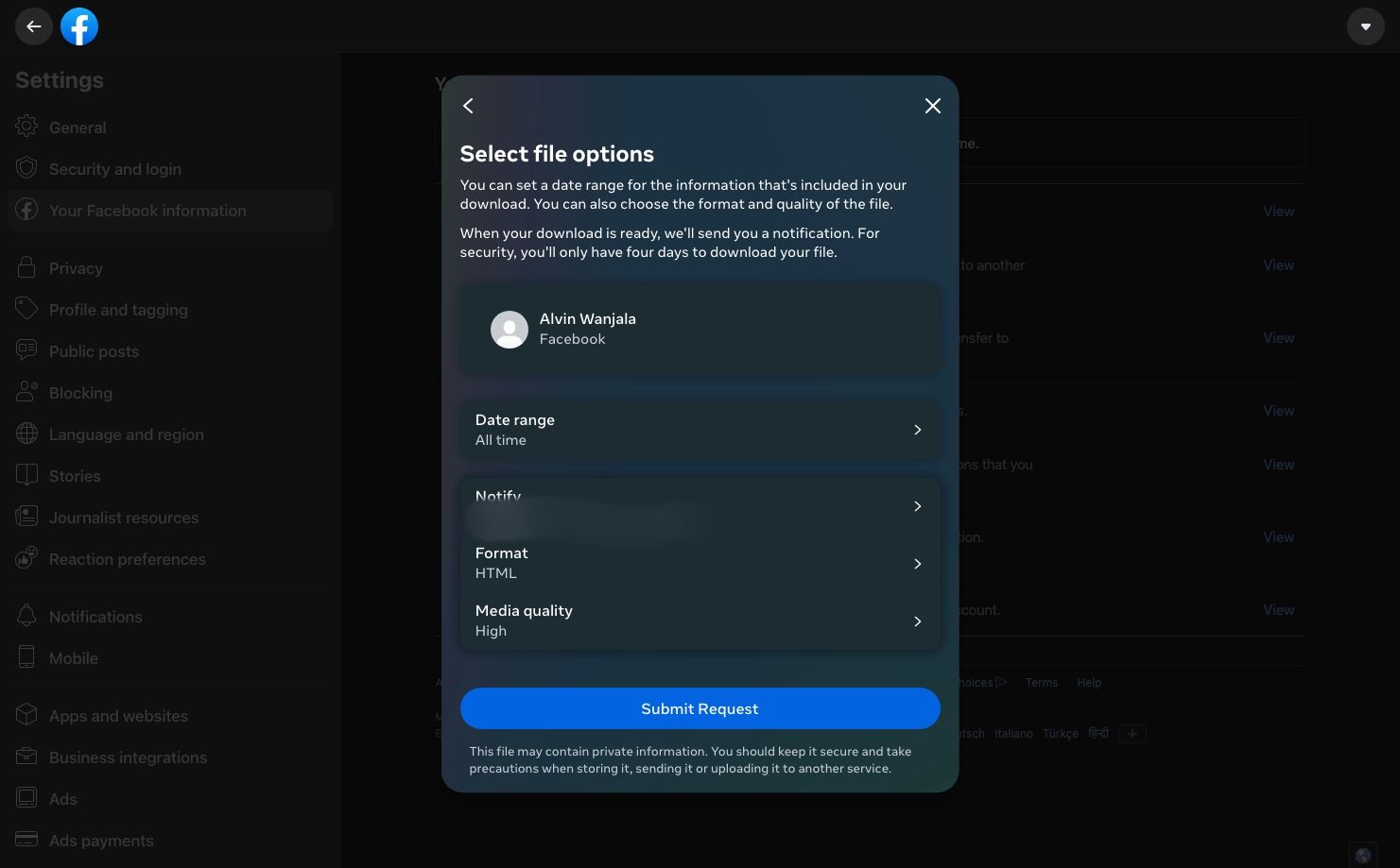 Страница скачивания информации Facebook