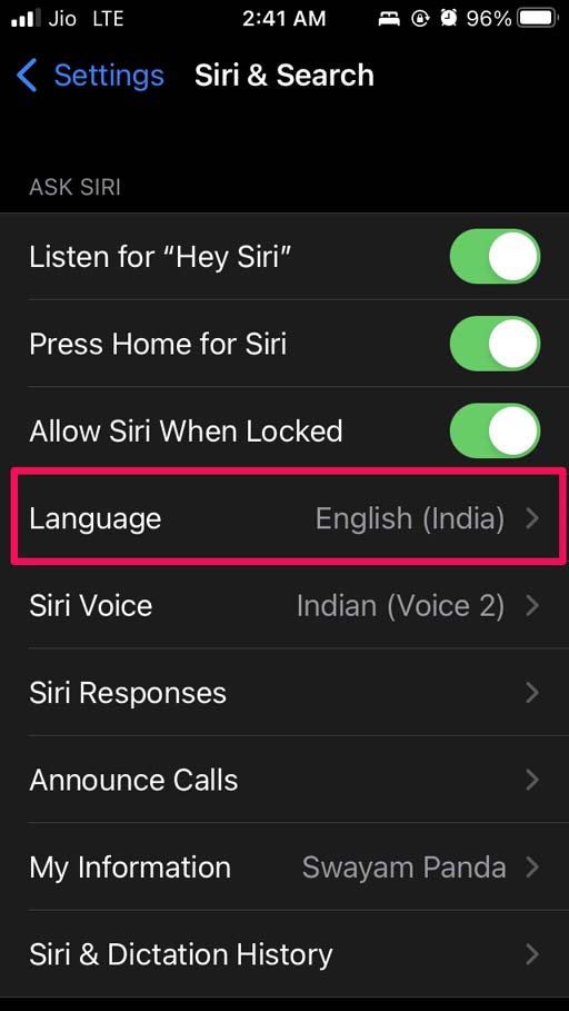 Выбор языка Siri