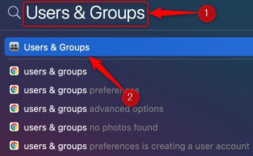 Поиск и открытие «Users & Groups» через Spotlight.