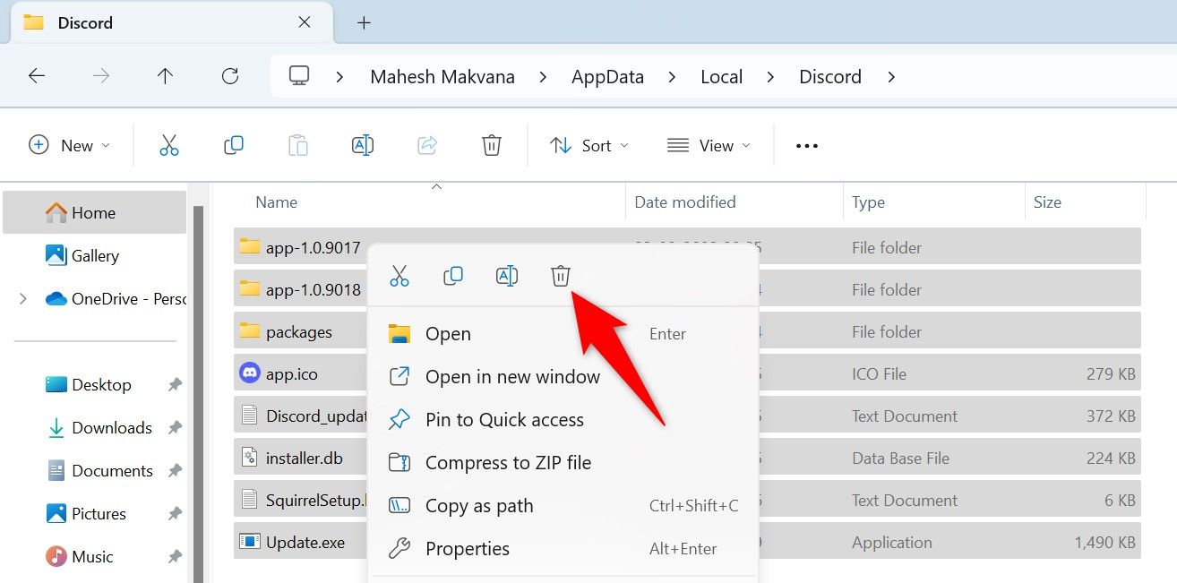 Корзина выделена для файлов Discord в папке AppData Local.