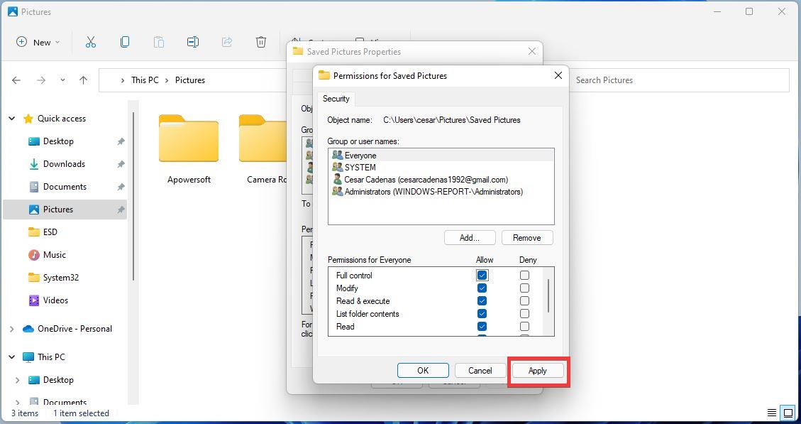 Кнопки Apply и Ok для сохранения прав безопасности