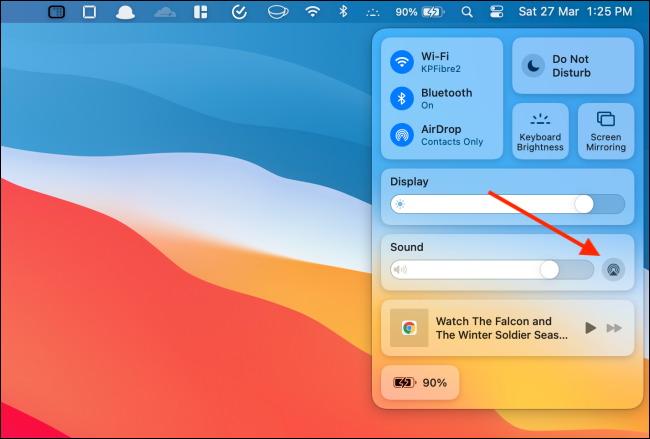 Нажмите кнопку AirPlay в секции Звук Пункта управления