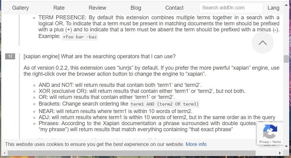 Список операторов поиска в Search all Tabs