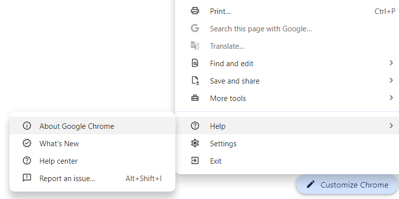 Переход в меню «Справка» в Google Chrome.