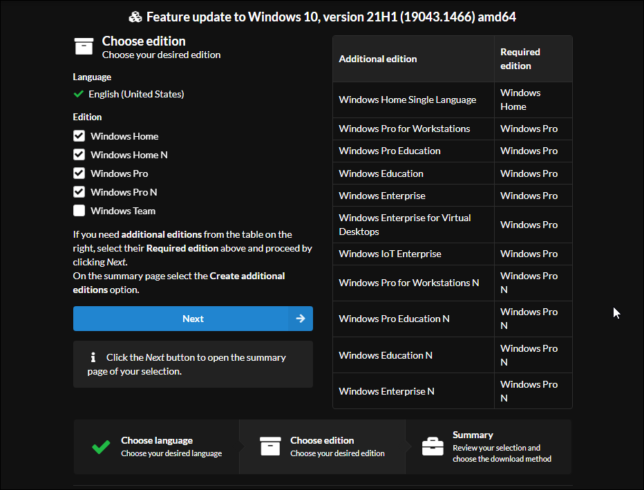 выбор редакций Windows 11 в UUP Dump