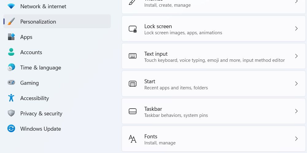 фрагмент настроек Персонализация в Windows 11