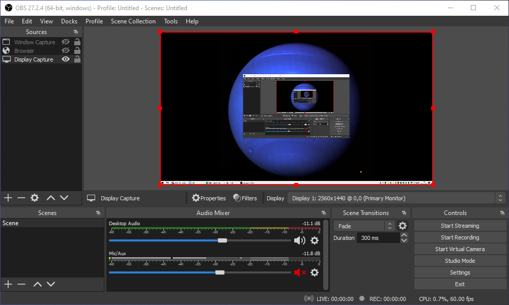 Окно OBS с микшером аудио