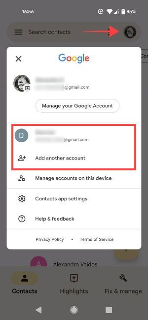 Переключение Google-аккаунтов в приложении Google Контакты.