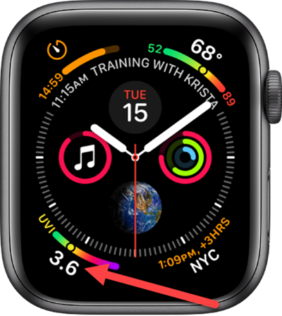 Циферблат Infographic на Apple Watch, показывающий индекс УФ.