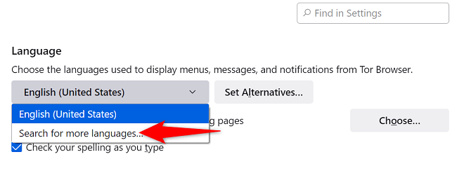 Опция «Поиск других языков» в настройках Tor Browser.