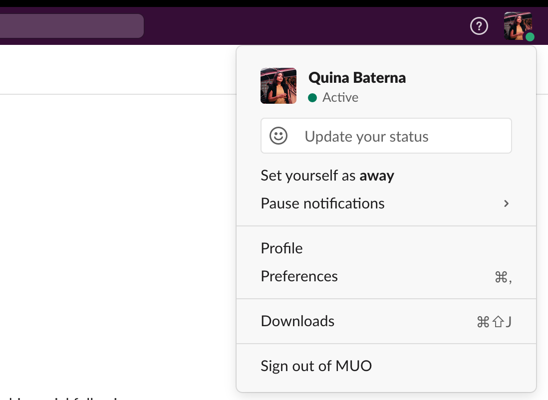 Вкладка с изображением профиля в интерфейсе Slack