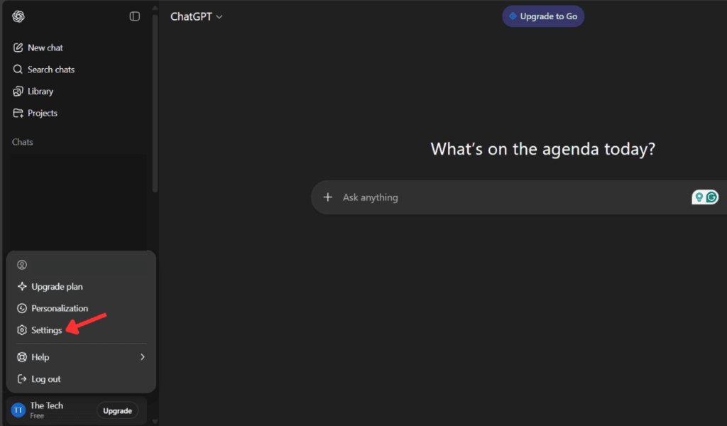 Меню настроек ChatGPT